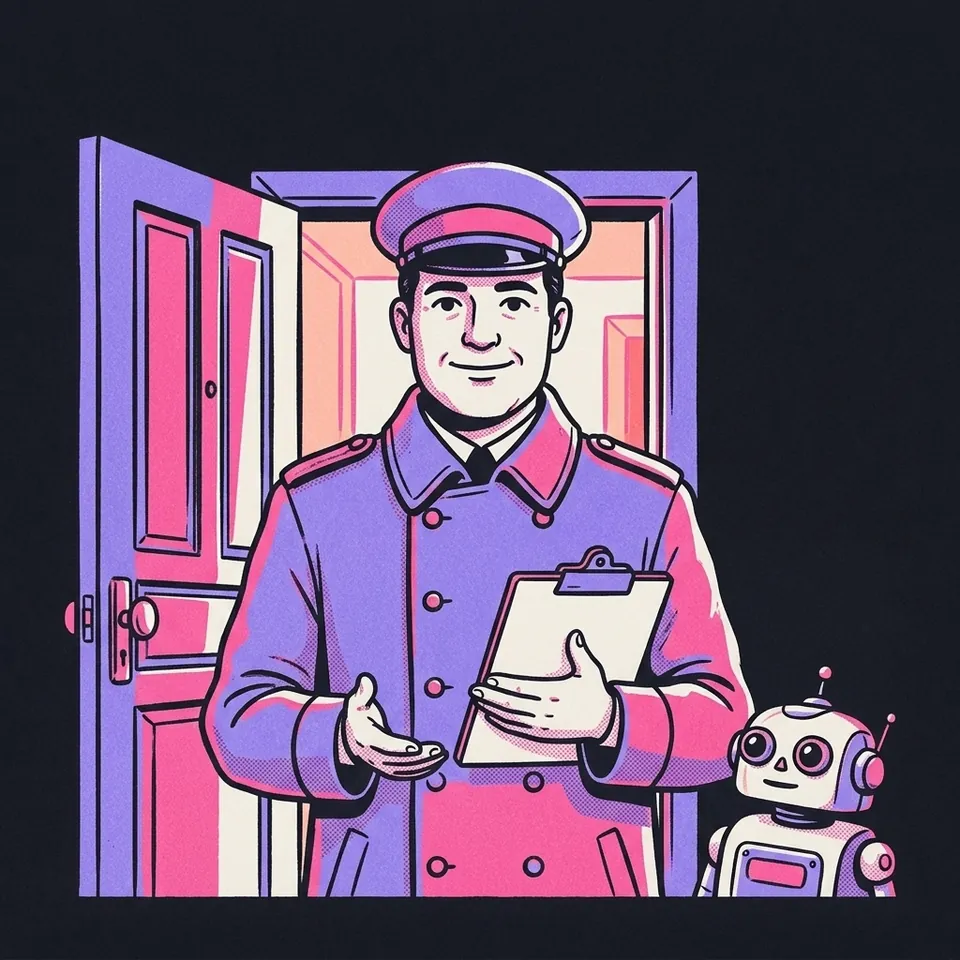 Illustration eines Mannes mit Klemmbrett an einer Tür, vor der ein kleiner Roboter wartet