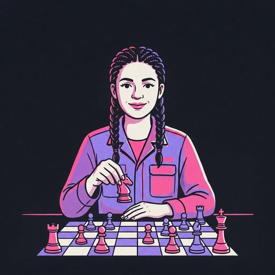Illustration einer Frau, die eine Schachfigur auf ein Brett setzt
