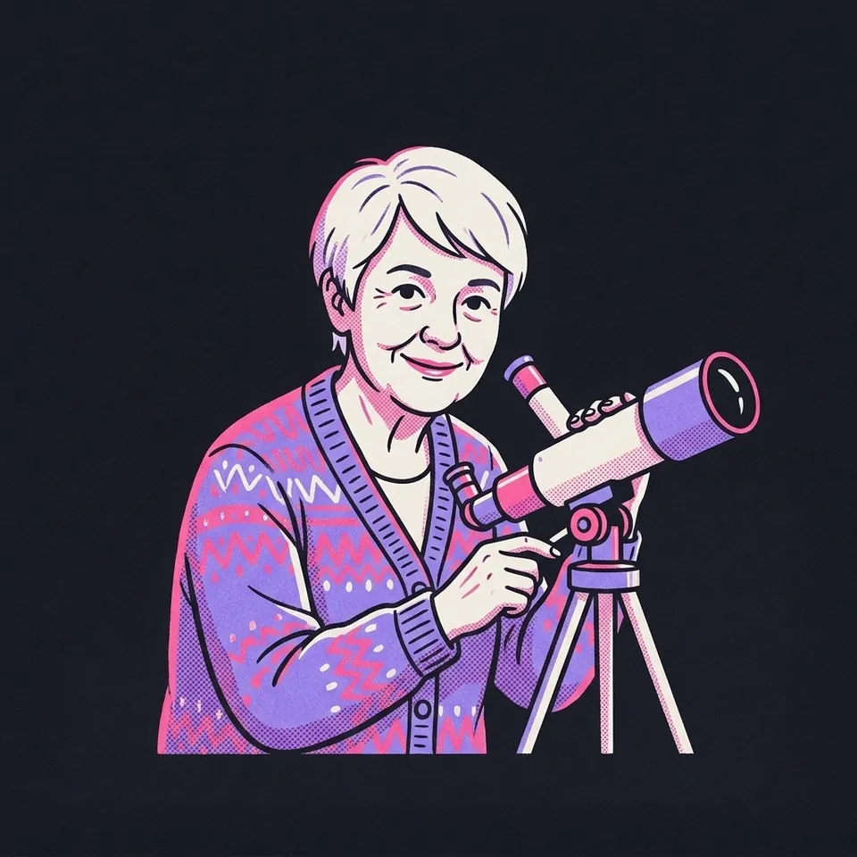Illustration einer älteren Frau mit weißem Kurzhaarschnitt, die durch ein Fernrohr auf einem Stativ schaut