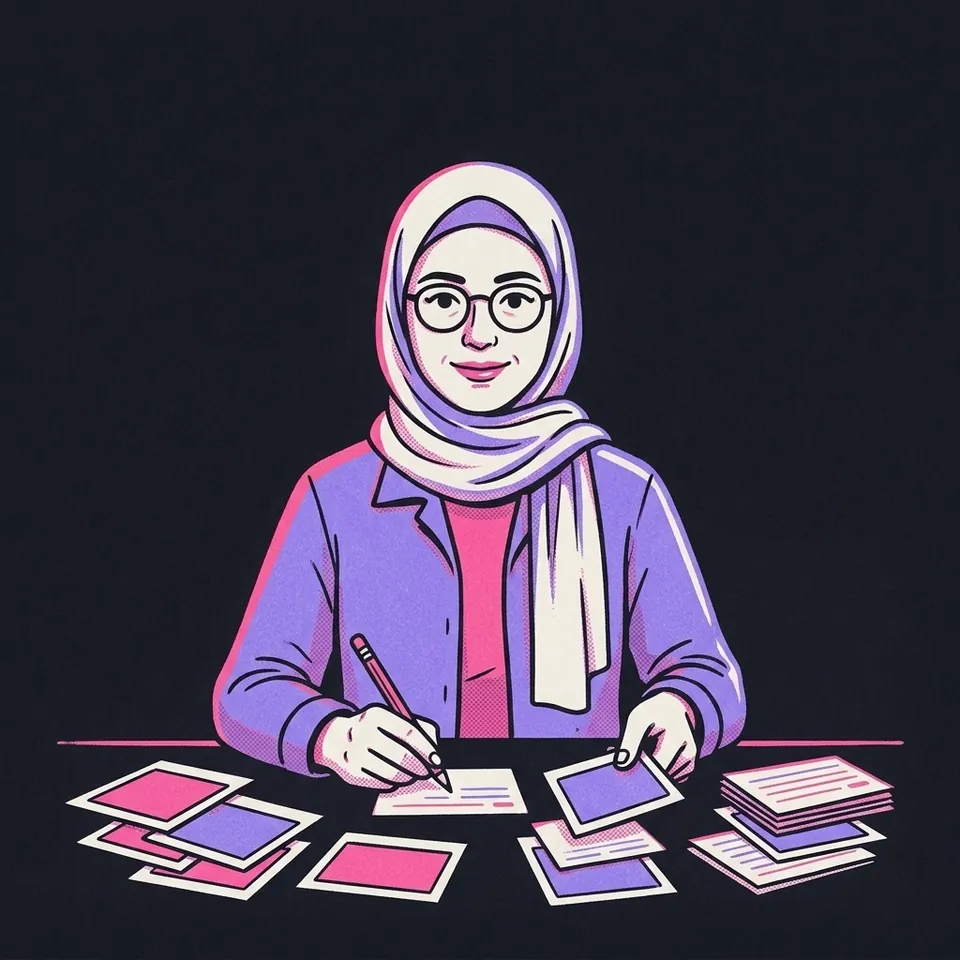 Illustration einer Frau, die Fotoabzüge sortiert und kleine Karteikarten daneben beschriftet
