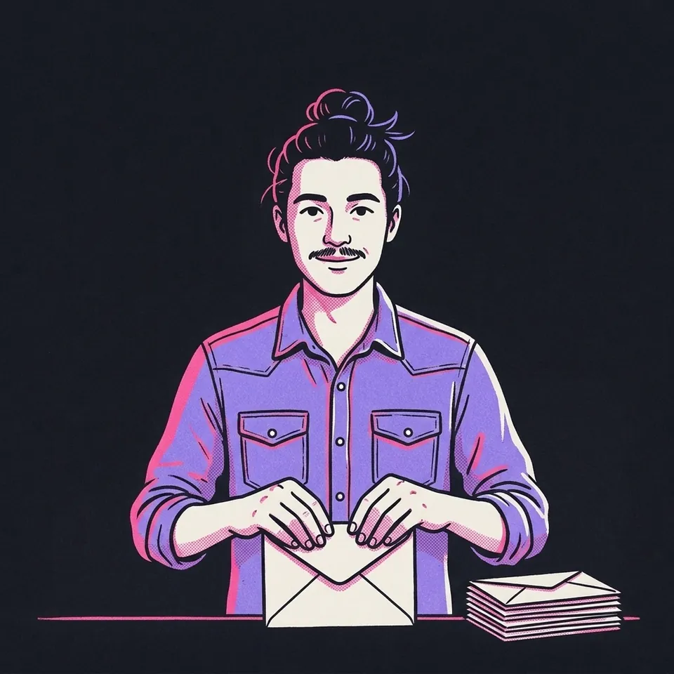 Illustration eines Mannes mit Dutt und Schnurrbart, der einen Brief versiegelt, daneben ein Stapel Umschläge