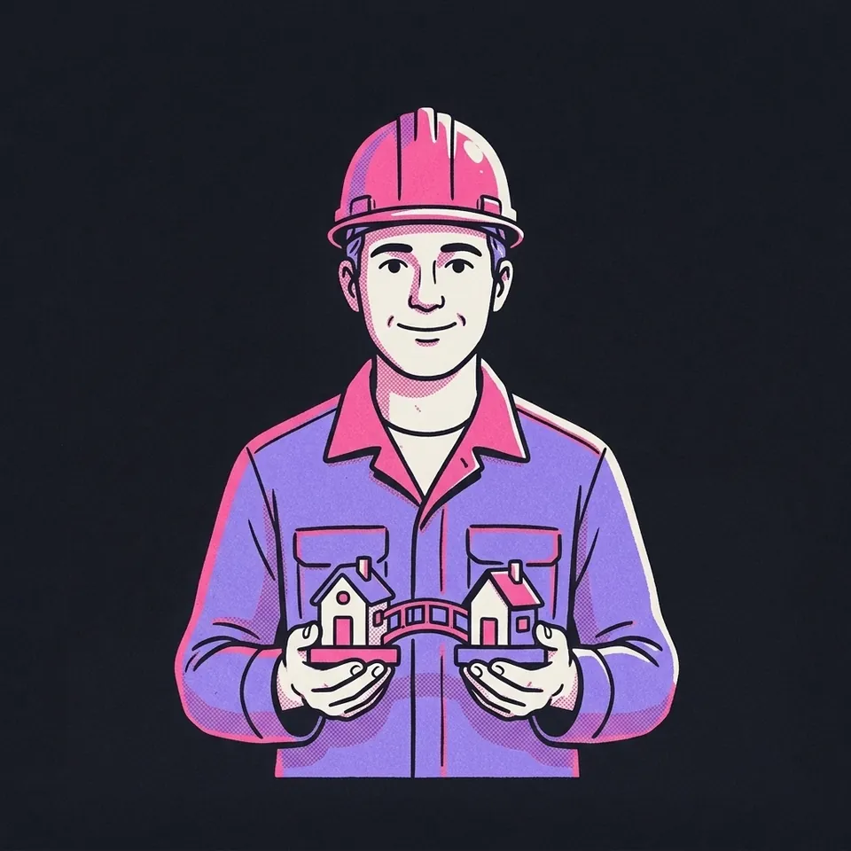 Illustration eines Mannes, der ein Modell einer Brücke zwischen zwei Häusern hält