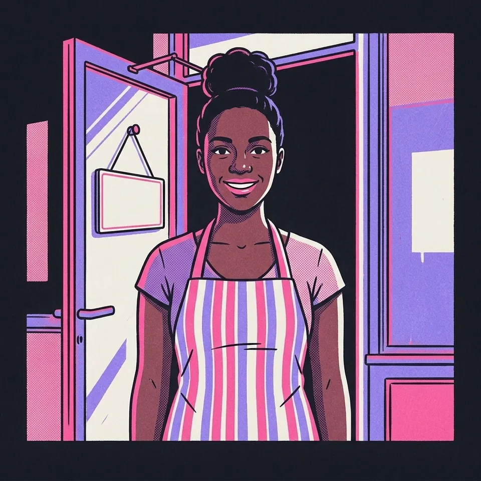 Illustration einer Ladeninhaberin mit Haarknoten und gestreifter Schürze in der Tür ihres Ladens