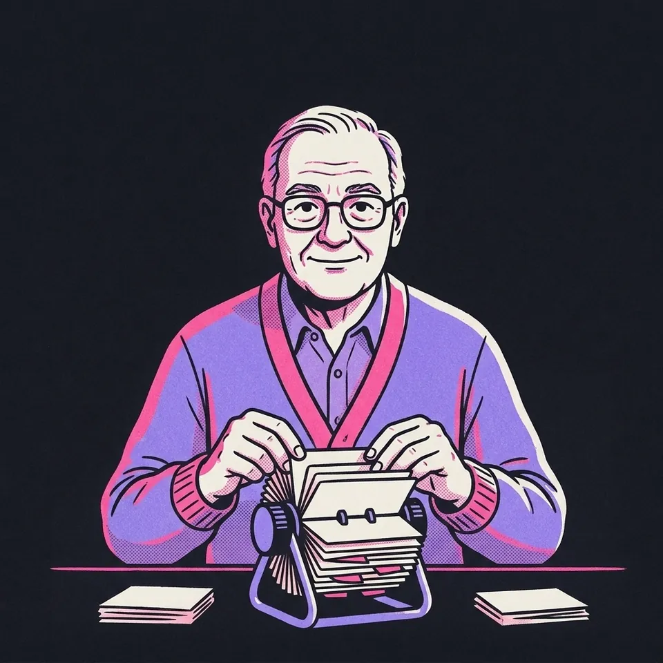 Illustration eines Mannes, der Karten in einem Karteikasten durchsieht