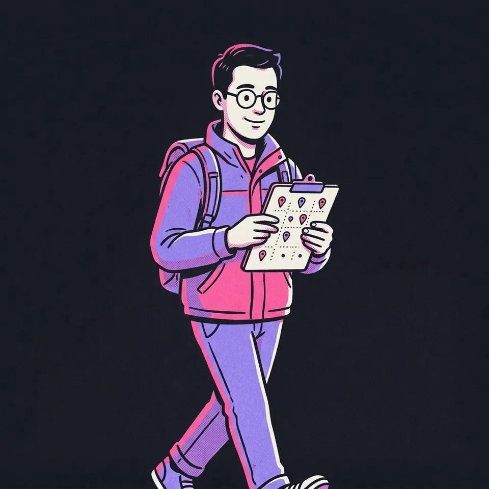 Illustration eines Mannes mit Rucksack und Klemmbrett, der eine Straßenkarte mit Markierungen prüft