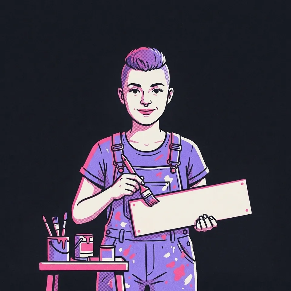 Illustration einer jungen Frau mit Undercut in Latzhose, die ein Ladenschild bemalt