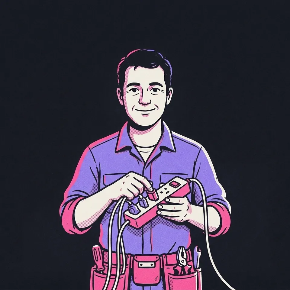 Illustration eines Mannes mit Werkzeuggürtel, der drei Kabel in eine Steckerleiste steckt