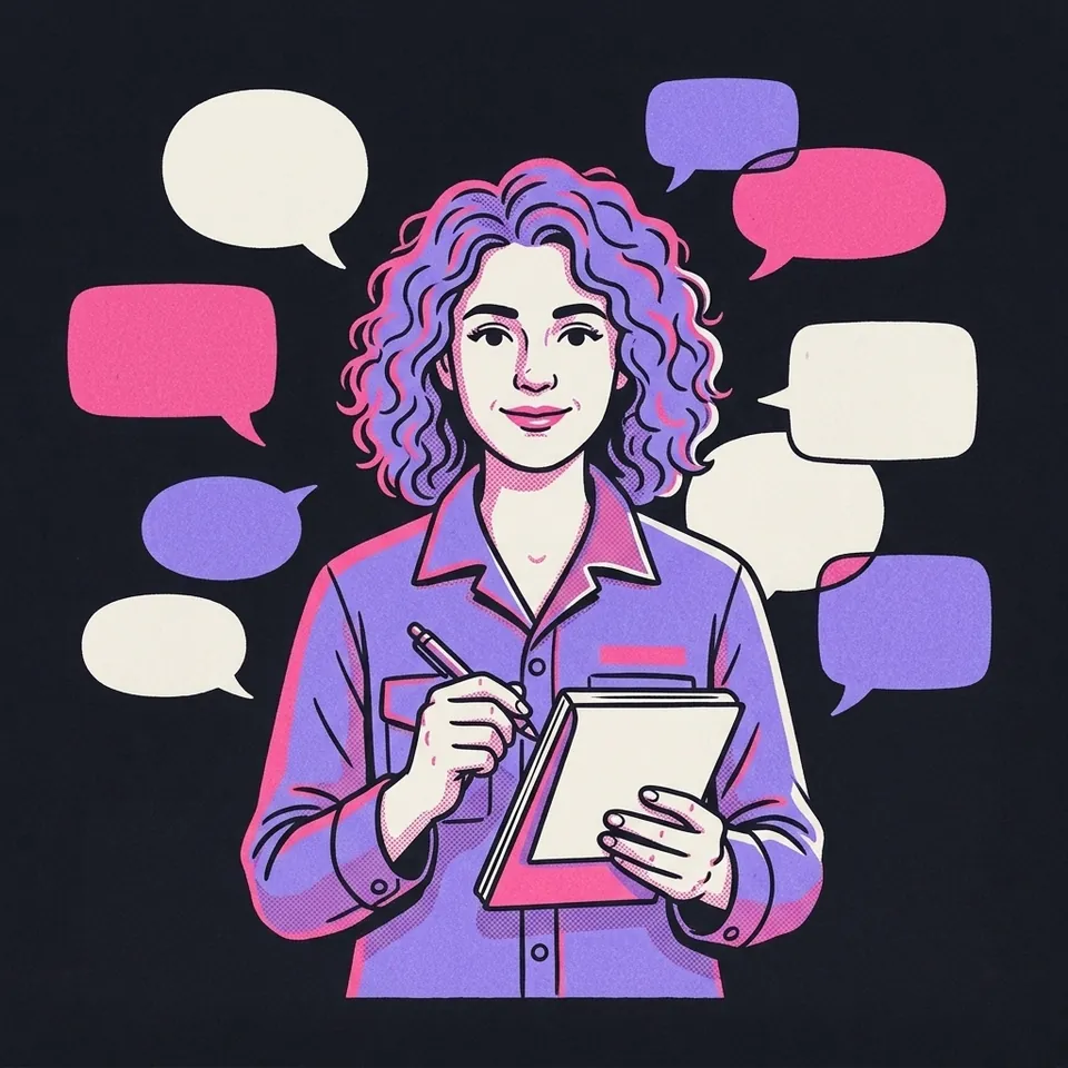 Illustration einer Frau mit Notizblock, um die herum leere Sprechblasen schweben