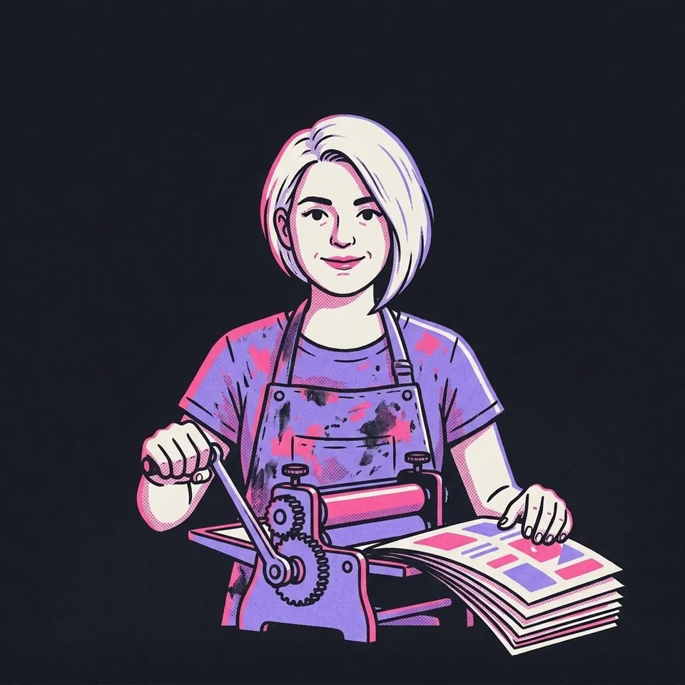 Illustration einer Frau mit Schürze an einer Druckpresse, aus der viele gleiche Seiten kommen