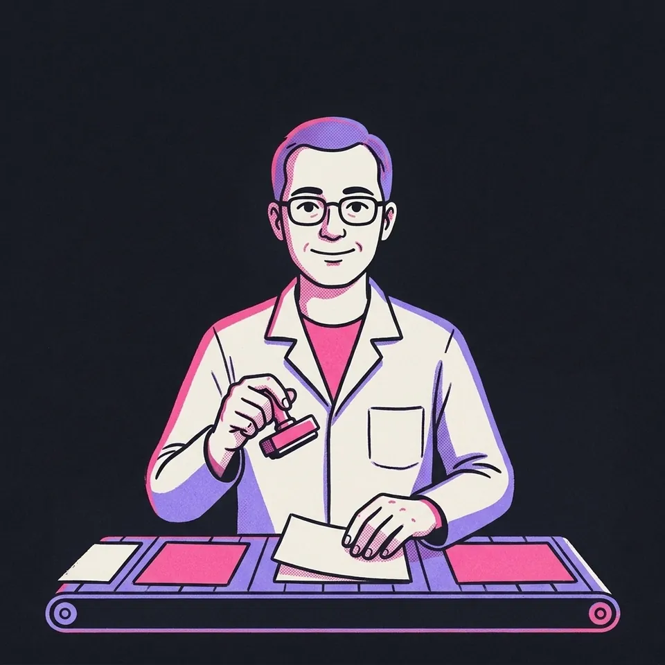 Illustration eines Mannes, der Seiten auf einem Förderband mit einem Stempel prüft