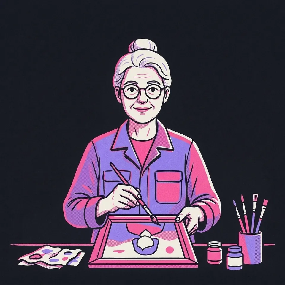 Illustration einer Frau mit feinem Pinsel, die ein gerahmtes Bild ausbessert