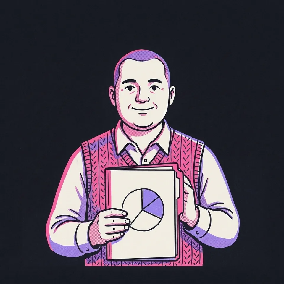 Illustration eines Mannes mit Strickweste, der eine Berichtsmappe mit Tortendiagramm hochhält