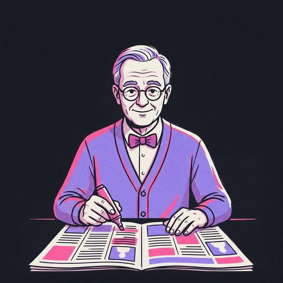 Illustration eines älteren Mannes mit Lesebrille, der eine Zeitung mit Textmarker prüft