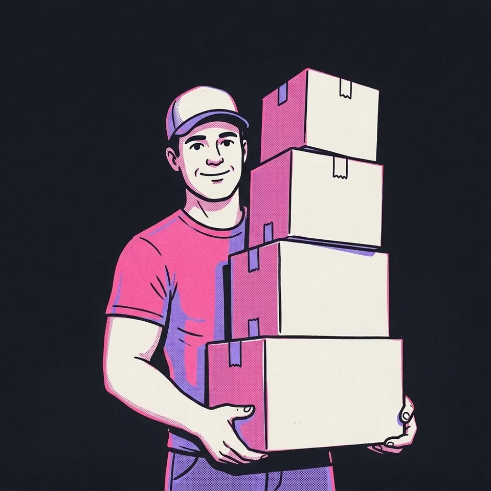Illustration eines Mannes, der einen Stapel Umzugskartons trägt