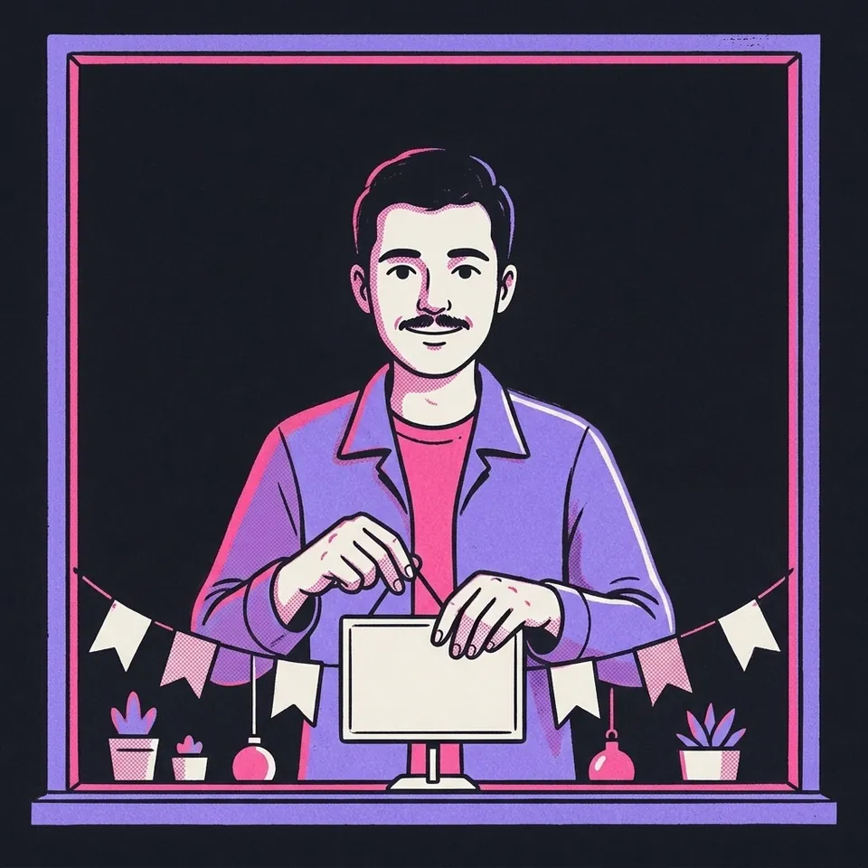 Illustration eines Mannes, der ein kleines Schild in einem Schaufenster ausrichtet