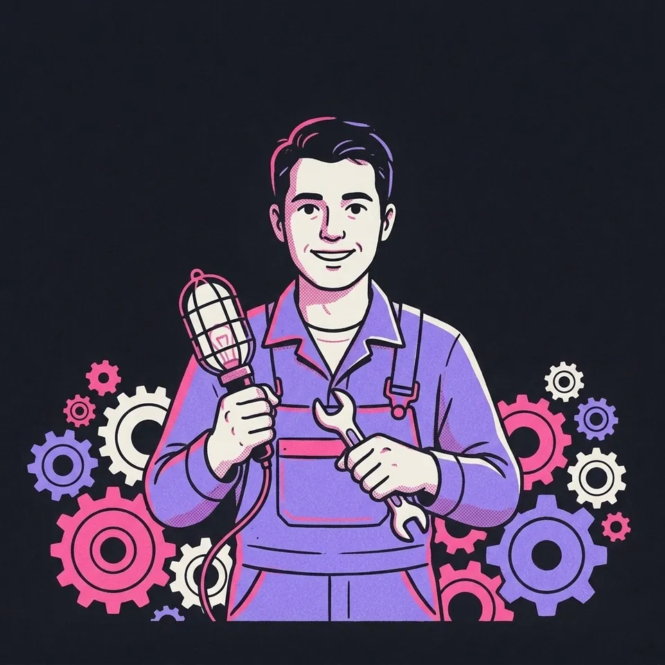 Illustration eines Mannes im Overall mit Schraubenschlüssel und Arbeitslampe vor einem Zahnradgetriebe