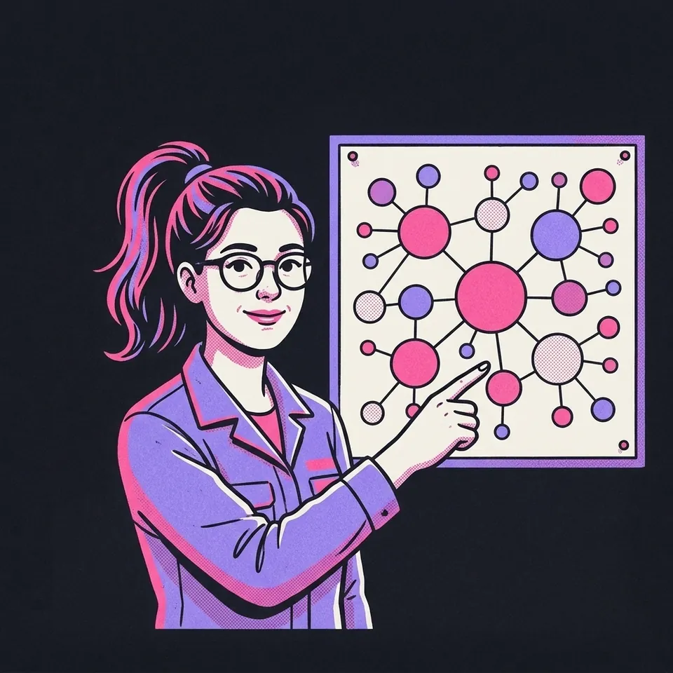 Illustration einer Frau, die eine große Mindmap aus verbundenen Kreisen an einer Pinnwand zeigt