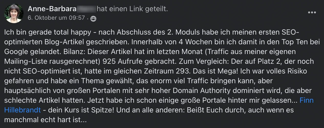 Kundenfeedback von Anne Barbara zu ihrem ersten Blogartikel