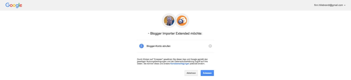 Autoriser Blogger Importer Accès étendu au compte Google