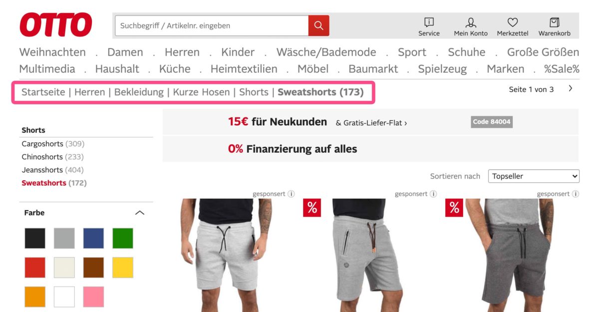 Breadcrumbs in einem Online-Shop