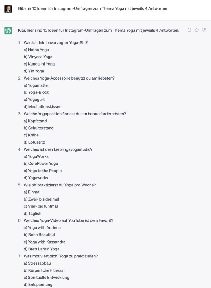 ChatGPT generiert Ideen für Instagram-Umfragen