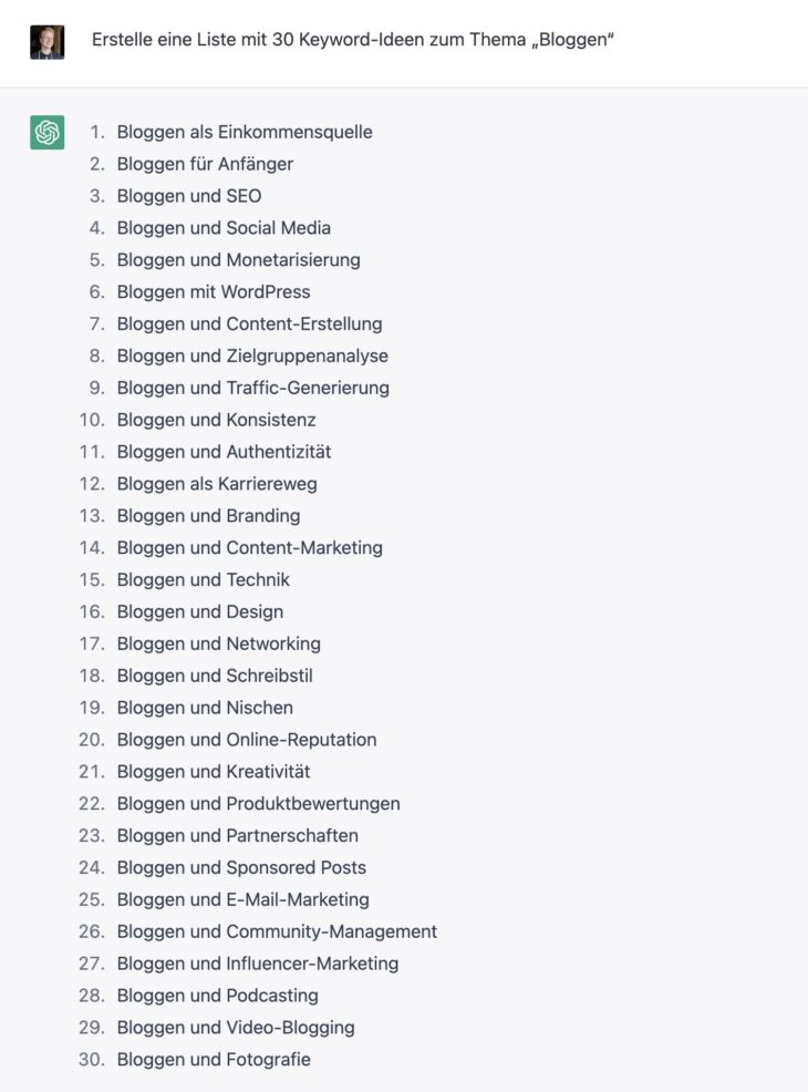 Mit ChatGPT Keyword-Ideen finden
