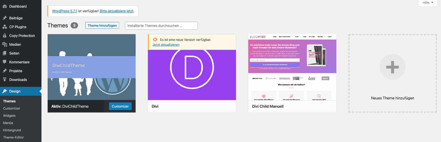 Das erfolgreich erstellte Child-Theme sollte unter Design>Themes zu finden sein.