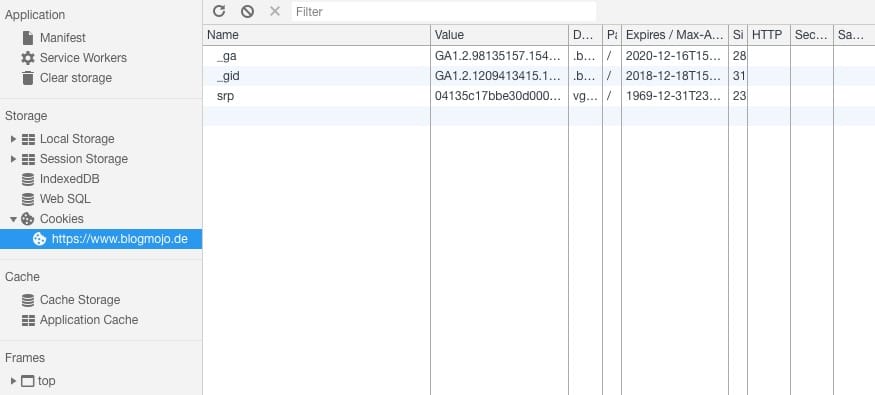 Cookies in den Chrome Developer Tools