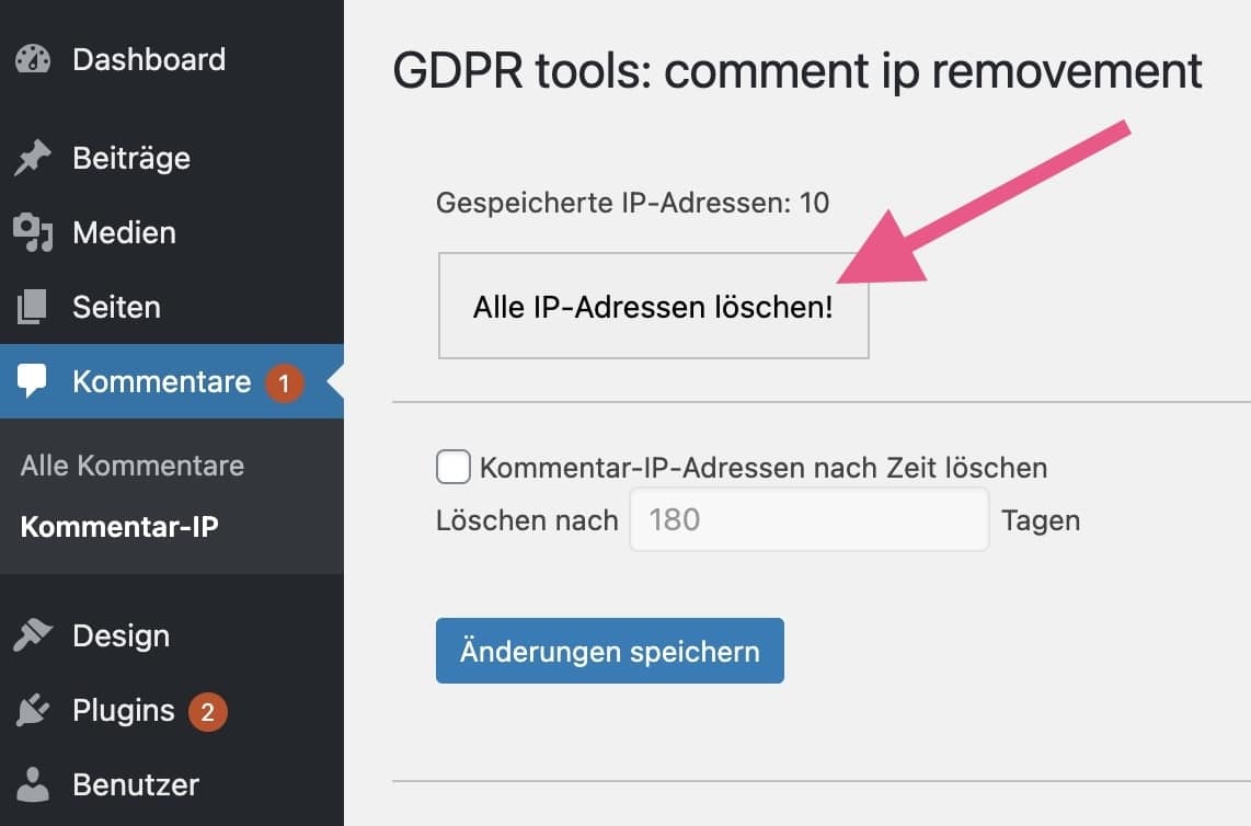 Mit dem Plugin DSGVO Tools: Kommentar-IP entfernen alle IP-Adressen in der Datenbank löschen