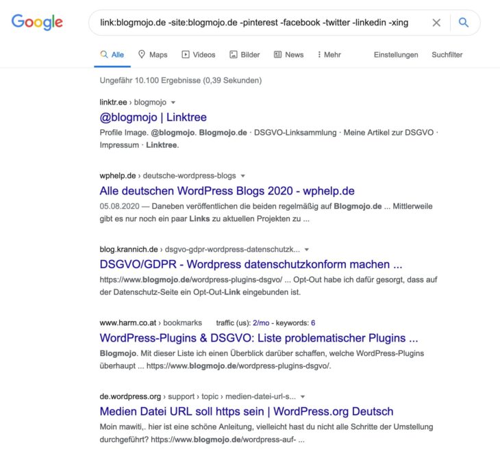 Eigene Backlinks mit dem link: Operator bei Google finden