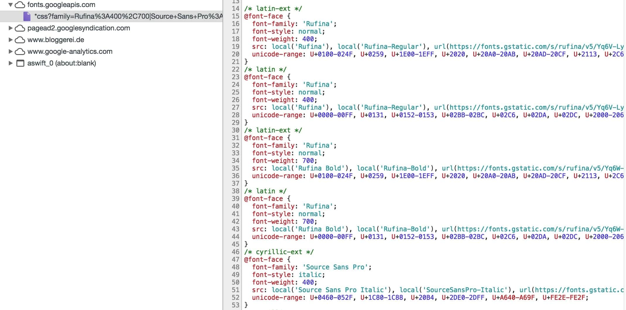 Google Fonts in der Entwicklerkonsole