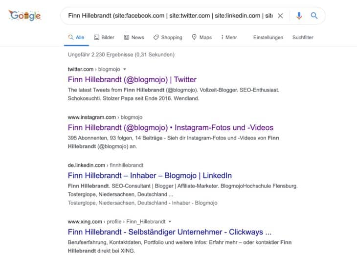 Google-Suchbefehle zum Finden der Social-Media-Profile einer Person