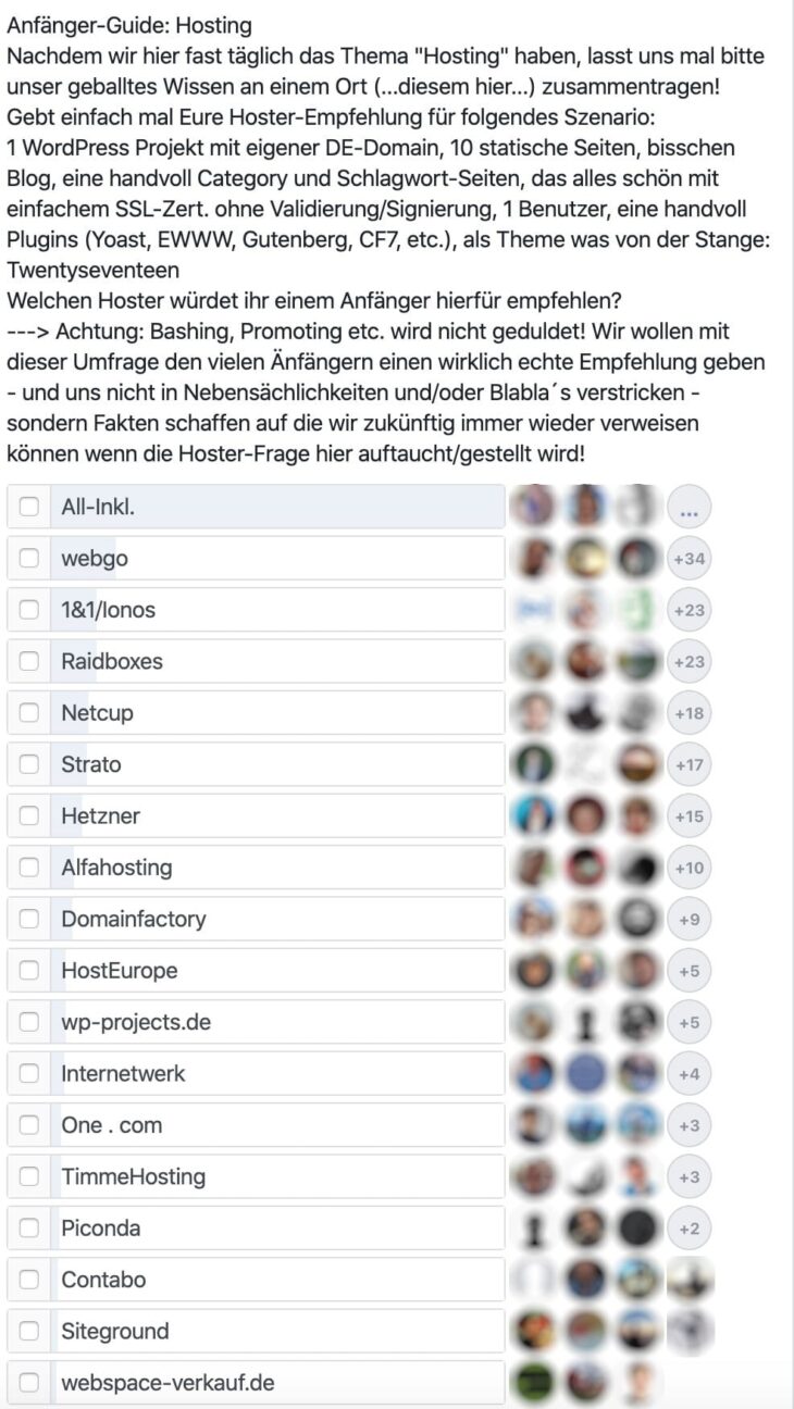 Umfrage in Facebook-Gruppe nach Hoster-Empfehlung