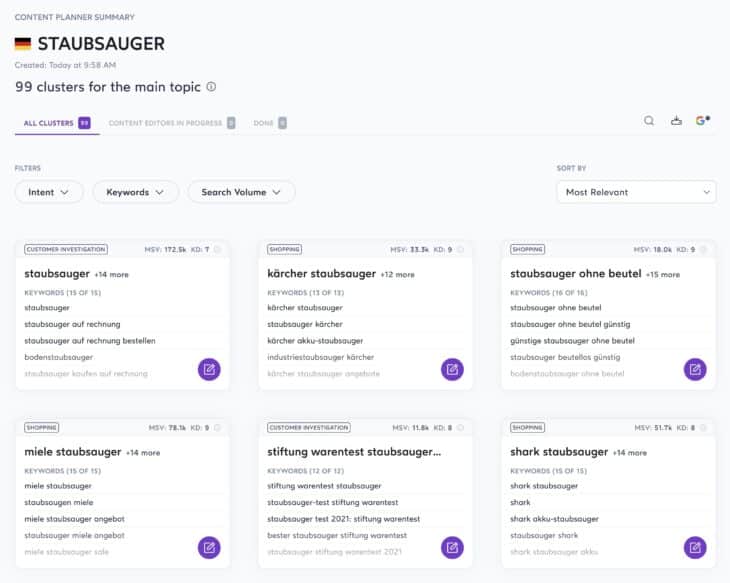 Keyword-Cluster mit Long-Tail-Keywords im Content Planner