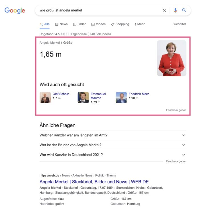 Direkte Antwort auf eine Frage in den Google-Suchergebnissen