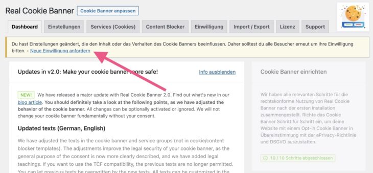 Neue Einwilligung von Besucher einfordern nach Änderungen am Cookie-Banner