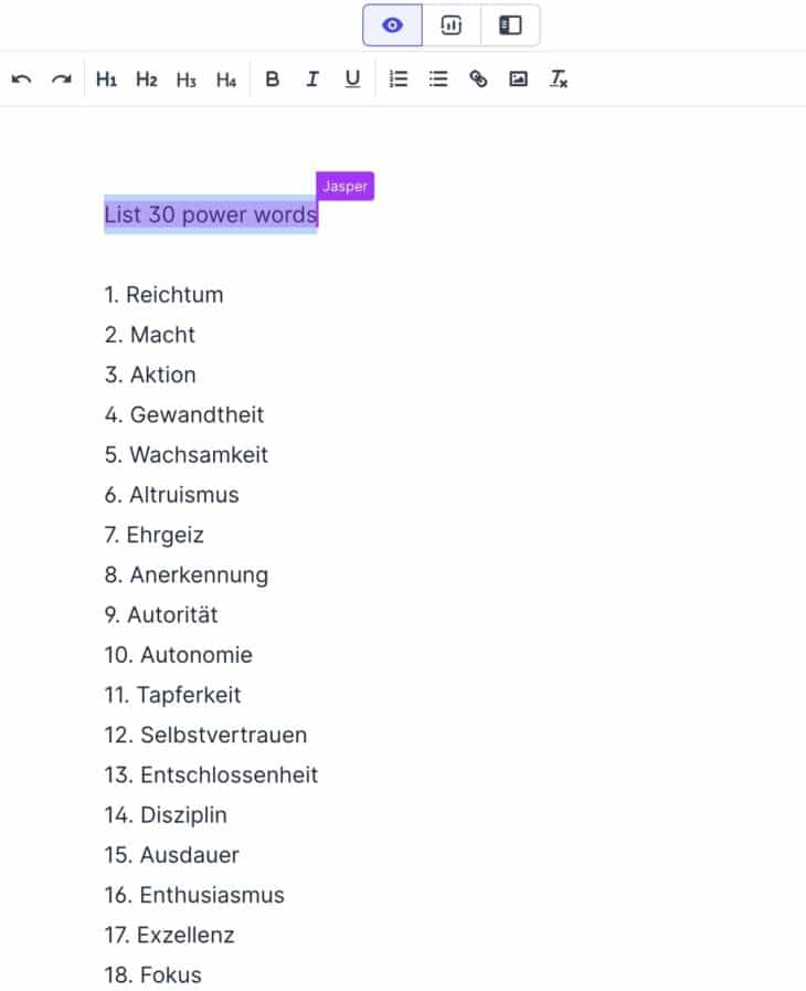 Power-Wörter mit einem KI-Textgenerator auflisten