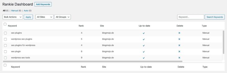 Dashboard von Rankie mit Liste getrackter Keywords