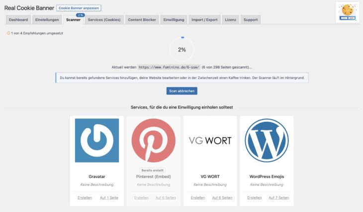Mithilfe des integrierten Service-Scanners findet Real Cookie Banner Dienste auf deiner Website automatisch
