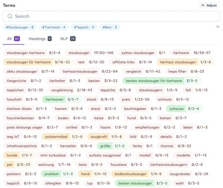 Relevante Wörter und (Long-Tail-)Keywords im Content Editor