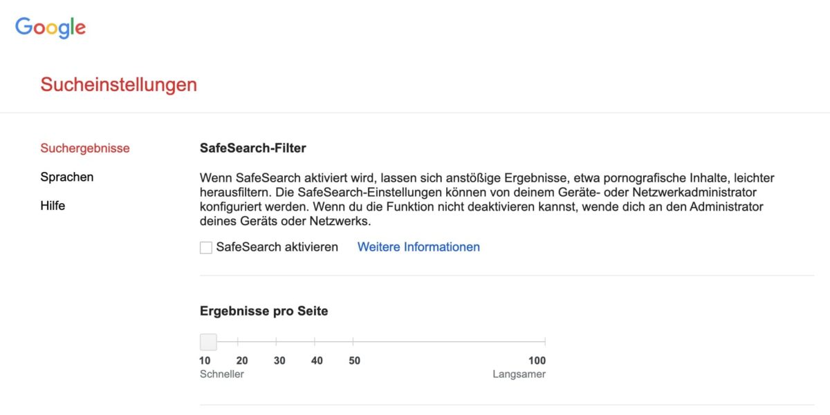 SafeSearch-Filter in den Google-Sucheinstellungen