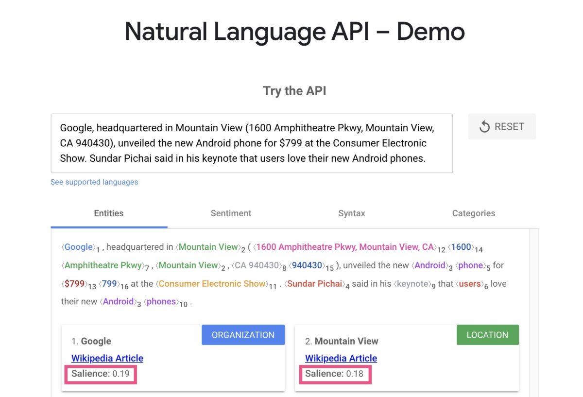 Salience in der Natural Language API Demo