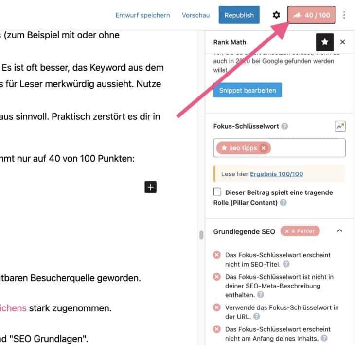 Schlechter SEO-Score bei Rank Math