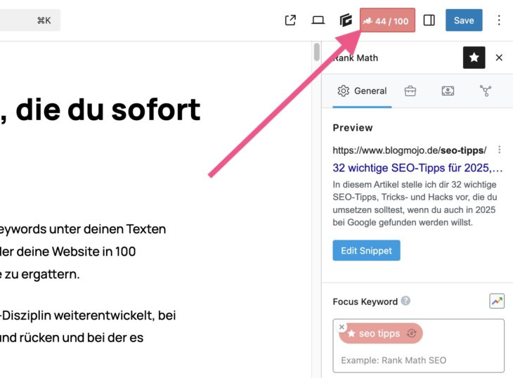 Rank Math Score von diesem Blogartikel zu „SEO-Tipp“