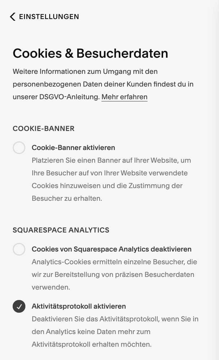 Squarespace bietet dir die Möglichkeit, einen Cookie-Hinweis einzublenden und Cookies zu deaktivieren