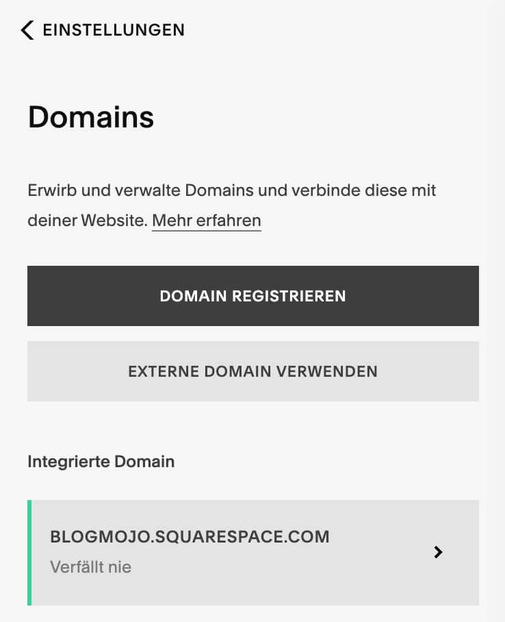 Die Domain wird bei Squarespace in den Einstellungen verbunden