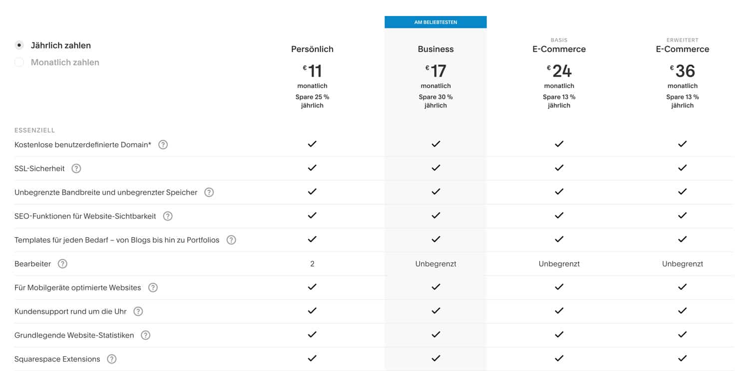 Squarespace kommt mit insgesamt vier verschiedenen Preismodellen