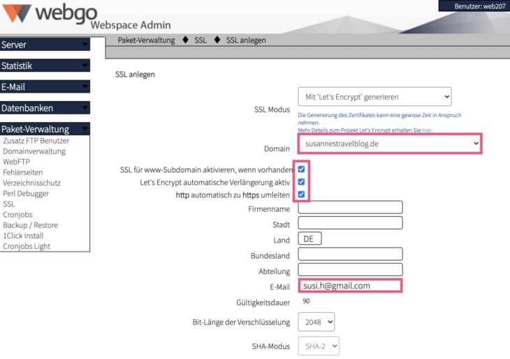 SSL-Zertifikat im webgo Webspace-Admin konfigurieren