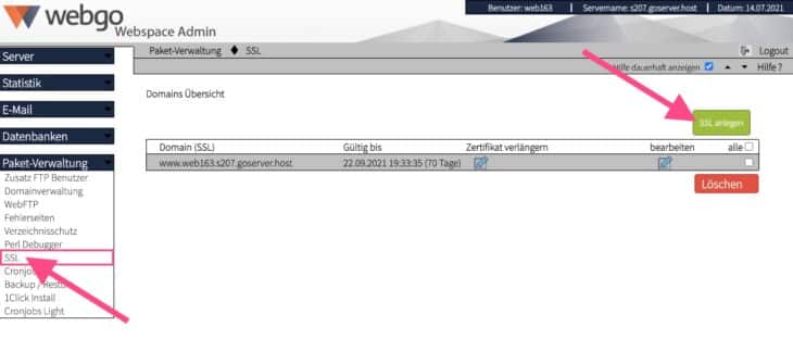 SSL-Zertifikat im webgo Webspace-Admin anlegen