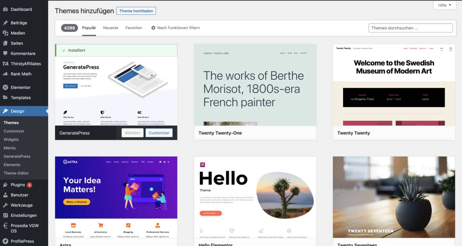 Ein WordPress-Theme kannst du direkt im Backend installieren.